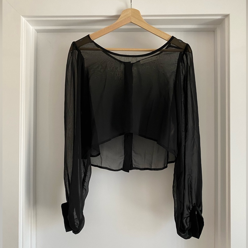MINKPINK Black Sheer Cropped Genie Sleeve Top with Button Back